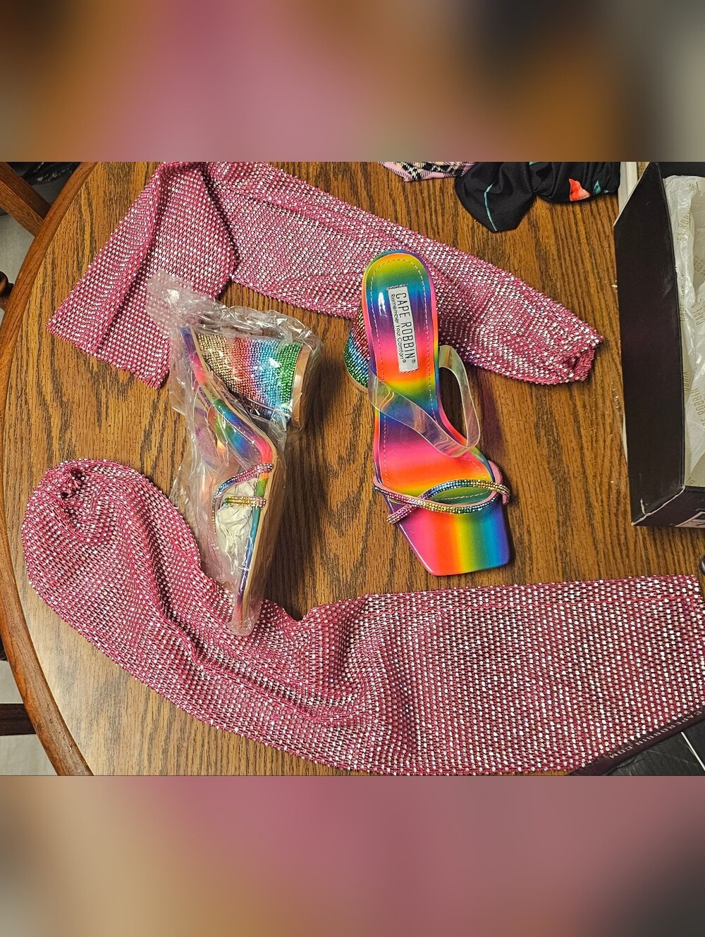 Cape Robbin Rainbow Rhinestone Slide Sandals with Pink Wrap Leggins